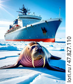 A atomic icebreaker in the Arctic ice. In the foreground, a huge walrus lies on the ice. Стоковое AI-изображение, AI-художник Сергей Елизарьев / Фотобанк Лори