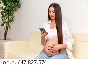 Happy pregnant woman using a smartphone and gently touching her belly while relaxing on couch at home. Happy young expectant mother. Family planning and IVF centers concept. Стоковое фото, фотограф Ирина Михайличенко / Фотобанк Лори
