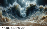 Vast ocean waves surge towards the shore, tumultuous and foamy, beneath a dark, overcast sky filled with ominous clouds. Стоковое AI-изображение, AI-художник Данила Большаков / Фотобанк Лори