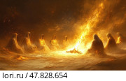 Cloaked figures engage in a solemn gathering around a bright fire, set against a mystical twilight landscape filled with warmth and shadows. Стоковое AI-изображение, AI-художник Данила Большаков / Фотобанк Лори