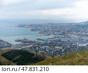 Panoramic view of Novorossiysk City and Tsemess Bay at sunrise. Morning cityscape of large port at Black Sea coast in Russia (2024 год). Стоковое фото, фотограф Фотограф / Фотобанк Лори