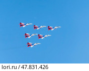 Moscow Russia Zhukovsky Airfield 25 July 2021: aerobatic team swifts MiG-29 perfoming demonstration flight of the international aerospace salon MAKS-2021 (2019 год). Стоковое фото, фотограф Фотограф / Фотобанк Лори