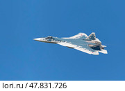 Moscow Russia Zhukovsky Airfield 25 July 2021: Demonstration of the latest Russian SU-57 fighterof the international aerospace salon MAKS-2021 (2019 год). Стоковое фото, фотограф Фотограф / Фотобанк Лори