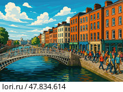 Dublin cityscape with River Liffey, Ha’penny Bridge and Georgian buildings. Стоковое AI-изображение, AI-художник Максим Гребешков / Фотобанк Лори