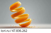 Orange slices spiral in mid-air creating a vibrant visual display. Апельсиновые дольки закручиваются в воздухе, создавая яркий визуальный эффект. Стоковое AI-изображение, AI-художник Katsiaryna Repich / Фотобанк Лори