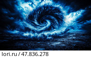 A massive vortex forms in turbulent ocean waters, surrounded by dark clouds and waves crashing dramatically against the shoreline at dusk. Стоковое AI-изображение, AI-художник Данила Большаков / Фотобанк Лори