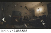 Destruction occurs inside a living room as objects collide and chaos reigns, capturing a moment of intense turbulence, poltergeist. Стоковое AI-видео, аниматор Климов Денис / Фотобанк Лори