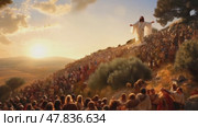 Jesus teaches a large crowd on a hillside during sunset in a tranquil rural landscape. Стоковое AI-видео, аниматор Климов Денис / Фотобанк Лори