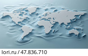 World map design with water surface effect representing global connectivity. Дизайн карты мира с эффектом водной поверхности, символизирующим глобальную взаимосвязь. Стоковое AI-изображение, AI-художник Katsiaryna Repich / Фотобанк Лори