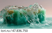 Bubbles and waves surround vibrant turquoise soap in serene setting. Пузырьки и волны окружают яркое бирюзовое мыло в безмятежной обстановке. Стоковое AI-изображение, AI-художник Katsiaryna Repich / Фотобанк Лори