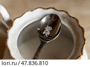 Teaspoon holding few crystals of sugar over empty sugar bowl. Стоковое фото, фотограф Андрей Знаменский / Фотобанк Лори
