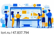 Group of professionals engages around a large digital screen showcasing various data visualizations to enhance project outcomes and strategies. Стоковое AI-изображение, AI-художник Данила Большаков / Фотобанк Лори