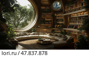 A serene reading nook features a circular window revealing lush trees and numerous bookshelves, creating a peaceful atmosphere for book lovers. Стоковое AI-изображение, AI-художник Данила Большаков / Фотобанк Лори