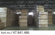 Sheets of plywood slabs are stacked in the warehouse of the woodworking plant. Стоковое видео, видеограф Андрей Шалари / Фотобанк Лори