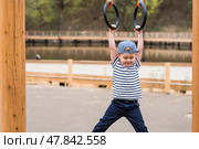 Lifestyle. A cute little boy is hanging on rings on a sports field in the fresh air. The concept of children's sports and physical development. Стоковое фото, фотограф Photojuli / Фотобанк Лори