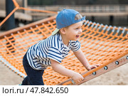 Summer lifestyle. A cute little boy is having fun playing in a hammock on the beach on a modern playground. The concept of family entertainment and leisure. Стоковое фото, фотограф Photojuli / Фотобанк Лори