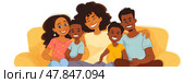 A family of five is gathered, smiling joyfully as they enjoy a moment of togetherness on a bright yellow couch. Стоковое AI-изображение, AI-художник Данила Большаков / Фотобанк Лори
