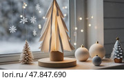 Home interior design. Snow in trees in forest in background. Scandinavian house, chalet or villa. Family holiday apartment in country or city. Стоковое AI-видео, аниматор Ирина Старикова / Фотобанк Лори
