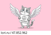 Vector cartoon gray cute sad sorrowful little cat angel with wings and sign, peace symbol, meow. Toon cuddly innocent upset puss. Стоковая иллюстрация, иллюстратор GAlexS / Фотобанк Лори