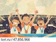 Three thrilled children proudly show off their medals, celebrating their victory with smiles amid a joyful atmosphere. Стоковое AI-изображение, AI-художник Данила Большаков / Фотобанк Лори