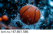 A basketball leaps through water, sending droplets flying in all directions, highlighting the energy and excitement of the sport on a bright day. Стоковое AI-изображение, AI-художник Данила Большаков / Фотобанк Лори