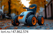 A stylish electric ride-on toy sits on cobblestone streets surrounded by colorful autumn leaves, showcasing its modern design and bright colors. Стоковое AI-изображение, AI-художник Данила Большаков / Фотобанк Лори