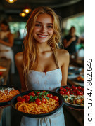 A young woman cheerfully presents two colorful plates of pasta, surrounded by a lively setting full of happy diners enjoying their meals. Стоковое AI-изображение, AI-художник Данила Большаков / Фотобанк Лори