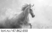 A striking white horse gallops through a cloud of dust, showcasing its grace and power against a pale backdrop. Стоковое AI-изображение, AI-художник Данила Большаков / Фотобанк Лори