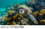 A green sea turtle swims effortlessly above a colorful coral reef, showcasing its intricate shell patterns in clear blue waters during daylight. Стоковое AI-изображение, AI-художник Данила Большаков / Фотобанк Лори