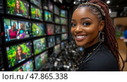 A presenter with braided hair smiles brightly while surrounded by numerous television screens displaying various colorful visuals and faces. Стоковое AI-изображение, AI-художник Данила Большаков / Фотобанк Лори