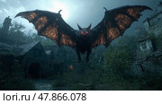 A colossal bat with glowing eyes hovers ominously above a desolate village, illuminated by a haunting full moon in a misty atmosphere. Стоковое AI-изображение, AI-художник Данила Большаков / Фотобанк Лори