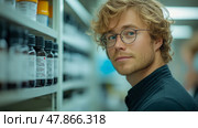 A young man with curly hair and glasses stands in a laboratory, observing various chemical bottles on a shelf in a focused manner. Стоковое AI-изображение, AI-художник Данила Большаков / Фотобанк Лори