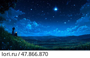A person sits on a hillside, gazing at a starry night sky decorated with bright stars and fluffy clouds, creating a peaceful nighttime ambiance. Стоковое AI-изображение, AI-художник Данила Большаков / Фотобанк Лори