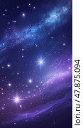 Improbable Starry purple galaxy with nebula clouds and glowing stardust in deep space sky. Стоковое AI-изображение, AI-художник Mariana Rusanovschi / Фотобанк Лори