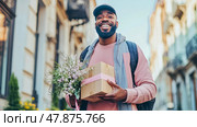 Holiday gift delivery with a cheerful man and floral arrangement. Стоковое AI-изображение, AI-художник Данила Большаков / Фотобанк Лори