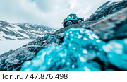 Alpine Expedition: A specialized all-terrain truck navigates rugged mountain terrain, demonstrating its ruggedness and resilience. Стоковое AI-изображение, AI-художник Данила Большаков / Фотобанк Лори