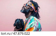 Aspirational Portrait: Man with Dreads and Pet, a Statement of Individuality, Pride, and Love on Pink. Стоковое AI-изображение, AI-художник Данила Большаков / Фотобанк Лори
