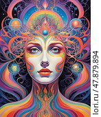 A mesmerizing blend of colors showcases a female figure with flowing hair, surrounded by cosmic elements. Psychedelic colorful visions and hallucinations. Small elements. Generative AI. Стоковое AI-изображение, AI-художник Юлия Петровская / Фотобанк Лори