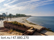Sandy beach on coastline of Baltic Sea on Vistula Spit. View from Ruins of Western Fort. Baltiysk. Russia. Стоковое фото, фотограф Elena Odareeva / Фотобанк Лори