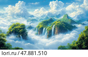 Vibrant green mountains with flowing waterfalls emerge from a sea of fluffy clouds under a bright blue sky, creating a tranquil atmosphere. Стоковое AI-изображение, AI-художник Данила Большаков / Фотобанк Лори