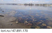 Calm water surface of Volga River. Wide Russian river. City of Kostroma on opposite shore. Clear, transparent, clean water. Nature of Russia. Light waves on sandy and pebble beach. Стоковое видео, видеограф Ирина / Фотобанк Лори