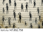 Repetitive Stick Figures in Cages - Distressed Notebook Doodles as Silent Cry. Бумага для блокнота заполнена повторяющимися фигурками в клетках, нацарапанными снова и снова, с неровными интервалами и нажимом, как бессознательный крик о помощи. Стоковое AI-изображение, AI-художник Katsiaryna Repich / Фотобанк Лори