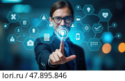 Person Interacting With a Holographic Display, Showcasing Innovation and Futurism in Tech and Digital Marketing. Стоковое AI-изображение, AI-художник Sergey Grishin / Фотобанк Лори