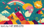 A group of adventurers engages in biking and climbing with colorful mountains and a hot air balloon in the bright sky. Стоковое AI-изображение, AI-художник Данила Большаков / Фотобанк Лори