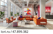 A living room filled with various pieces of furniture under multiple large windows, allowing in ample natural light. Стоковое AI-изображение, AI-художник Данила Большаков / Фотобанк Лори