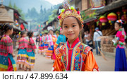 A young girl dressed in vibrant ethnic attire participates in a cultural festival amidst a bustling background. Стоковое AI-изображение, AI-художник Данила Большаков / Фотобанк Лори