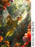 A parakeet with outstretched wings, bathed in sunlight, glides through a vibrant garden. Стоковое AI-изображение, AI-художник Данила Большаков / Фотобанк Лори