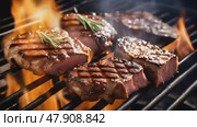 Close up view on a roasted Barbeque grill with delicious grilled meat and vegetables. Стоковое AI-видео, аниматор Михаил Строгалев / Фотобанк Лори
