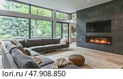 Elegant modern living room with sofas, sleek fireplace and large windows. Стоковое AI-видео, аниматор Михаил Строгалев / Фотобанк Лори
