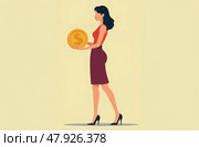 Woman carries a large coin with a dollar sign in her hands. Loans, credits, money transactions. Simple flat illustration. Стоковое AI-изображение, AI-художник Коханова Наталья / Фотобанк Лори